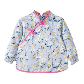 Chinese Style Baby Eating Bibs Inner Waterproof Kids Apron Girls Long Sleeve Painting Eating Smock,Blue Yellow Flowers