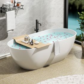 59" Freestanding Solid Surface Bathtub, Luxury Engineered Stone Resin Freestanding Soaking Bathtub with Overflow and Pop-up Drain in Matte White