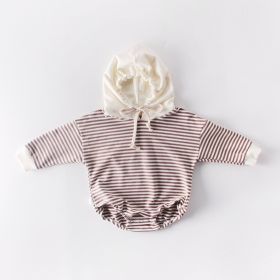 Ins Autumn Baby Striped Baby Clothes Hooded One-piece Hatching Climbing Suit Thickened (Option: Brown Stripe-73CM)