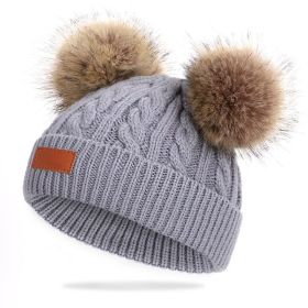 Cute Double Wool Pompom Baby Hat Children Cap Warm Autumn Winter Hats For Kids Boys Girls Knitted Warmer Beanie Caps Bonnet (Color: gray, size: 0-3 Years)