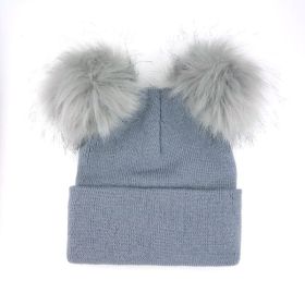 New Warm Knitted 0-3Y Baby's Hat Cute Double Fur Pompon Beanies Thick Double Layer Cap Faux Pompom Hat (Color: gray, size: 0 3Y)