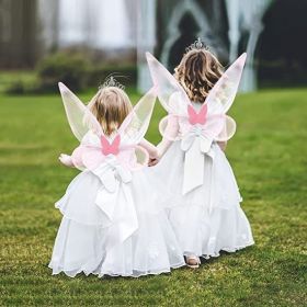 Angel wings headband fairy stick three-piece set; Fairy Wings Dress Up Sparkling Sheer Wings for Kids Girls Women (Color: Pink)