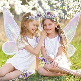 Angel wings headband fairy stick three-piece set; Fairy Wings Dress Up Sparkling Sheer Wings for Kids Girls Women (Color: Purple)