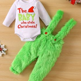 Adorable Baby Christmas Outfit - Funny Graphic Crew Neck Long Sleeve Romper + Green Fuzzy Suspender Pants Clothes Set (Color: Grass Green, size: 12-18M)