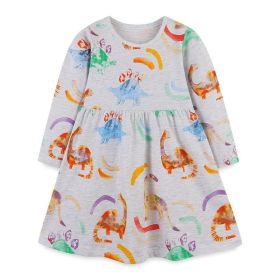 Baby Girl Dinosaur Print Pattern Long Sleeve Autumn Dress (Color: Grey, Size/Age: 140 (8-10Y))