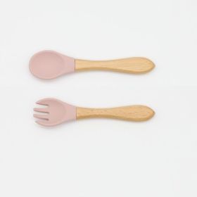 Baby Food Grade Wooden Handles Silicone Spoon Fork Cutlery (Color: Light Pink, Size/Age: Average Size (0-8Y))