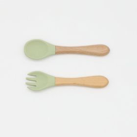 Baby Food Grade Wooden Handles Silicone Spoon Fork Cutlery (Color: Light Green, Size/Age: Average Size (0-8Y))