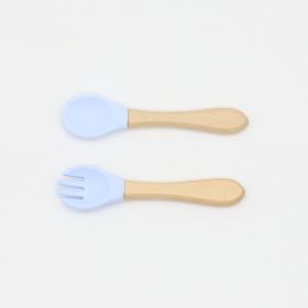 Baby Food Grade Wooden Handles Silicone Spoon Fork Cutlery (Color: Light Blue, Size/Age: Average Size (0-8Y))