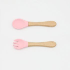 Baby Food Grade Wooden Handles Silicone Spoon Fork Cutlery (Color: Pink, Size/Age: Average Size (0-8Y))