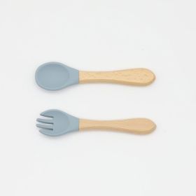 Baby Food Grade Wooden Handles Silicone Spoon Fork Cutlery (Color: Blue, Size/Age: Average Size (0-8Y))