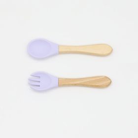 Baby Food Grade Wooden Handles Silicone Spoon Fork Cutlery (Color: Purple, Size/Age: Average Size (0-8Y))