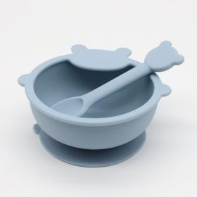 Baby Cartoon Bear Shape Complementary Food Training Silicone Bowl With Spoon Sets (Color: Blue, Size/Age: Average Size (0-8Y))